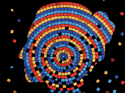 silhouette of a woman's head composed of mosaic tiles, some of which are partially deteriorated, referencing the central thesis of the paper: mosaic X chromosome loss in women