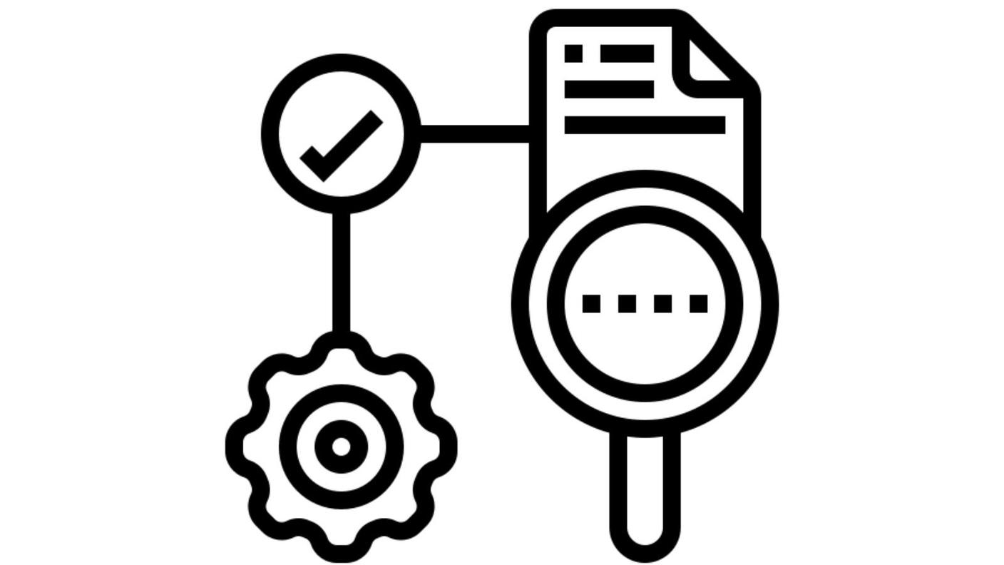 icon illustrating the concept of a case-control approach: magnifying glass, paper, gear, and check mark